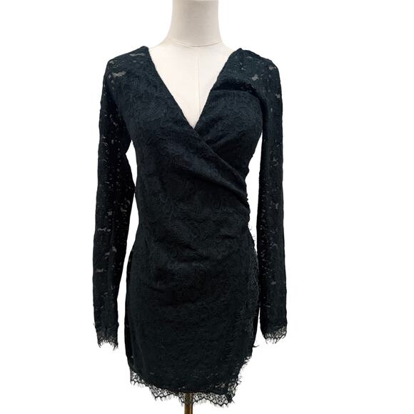 Free People Pearl Lace Mini Dress Forest Green XS Long Sleeve V Neck Holiday - Picture 2 of 10